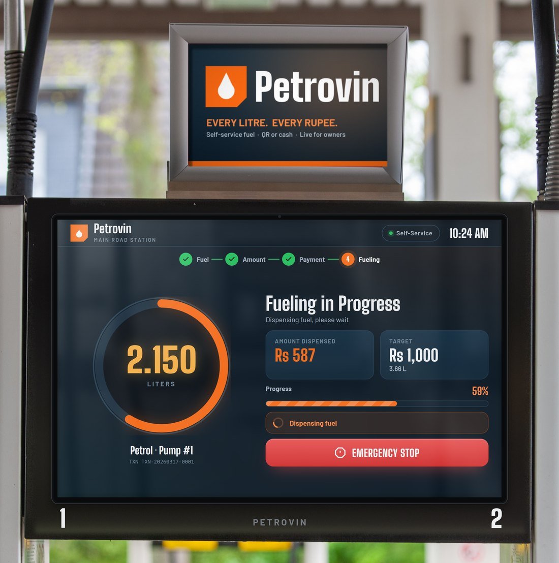 Petrovin pump showing fuel being dispensed